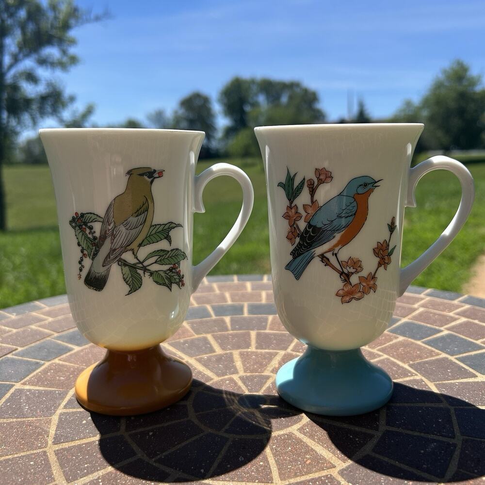 Vintage 1970's Fred Roberts Co Songbirds Pedestal Mugs 9 oz - Set of 2